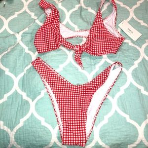 Front Tie Plaid Bikini Set